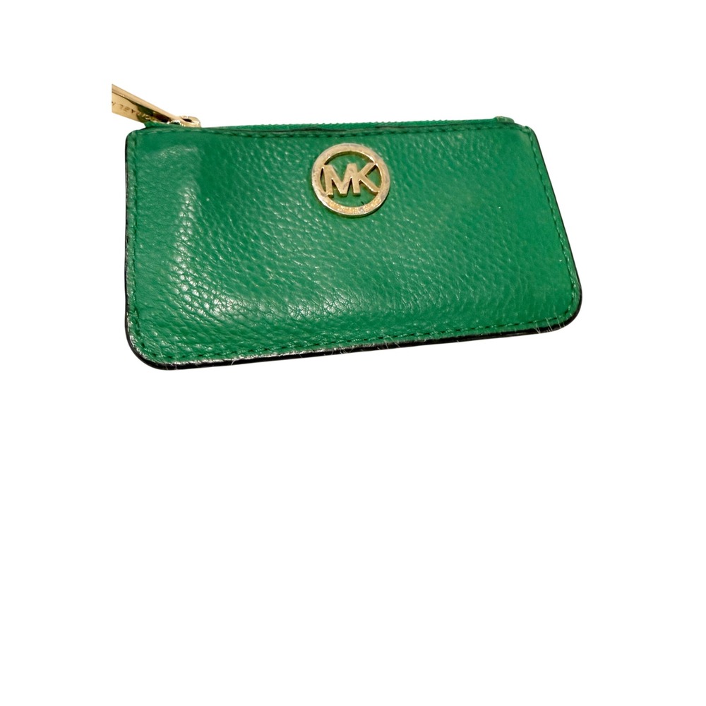 Michael Kors Green Pebbled Leather Jet Set Coin Purse Card Case Key Ring Wallet